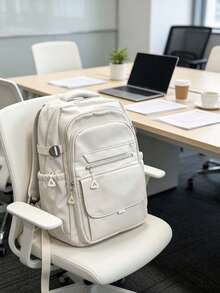 Simple Solid Color Casual Backpack, Large Capacity With Multiple Compartments For Laptop, Adjustable Shoulder Strap, Modern Stylish Backpack, School Bag With Luggage Belt, Zipper Closure, Unisex Casual Travel Bag, Suitable For Daily And Outdoor Use - A - View 3