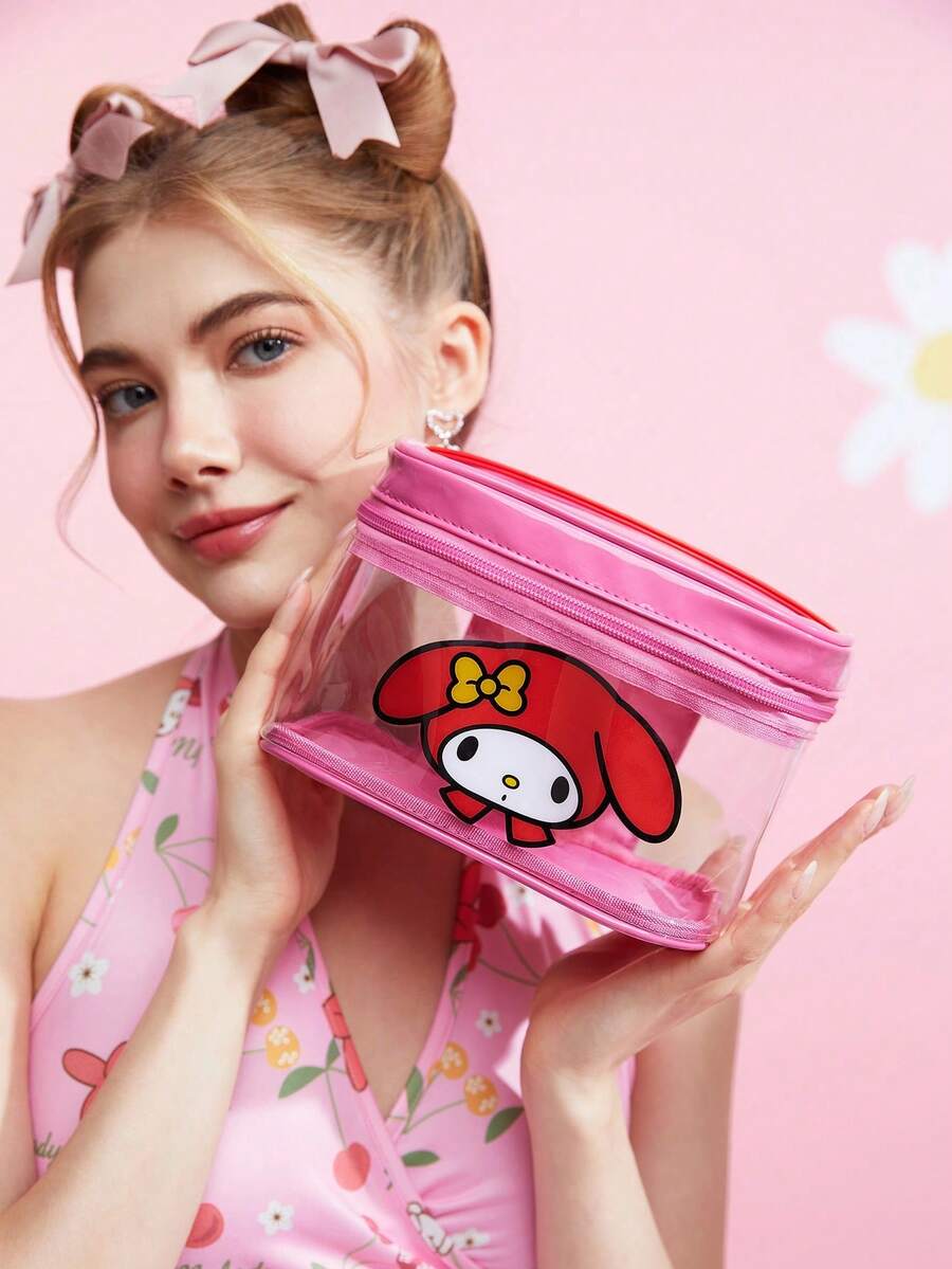 HELLO KITTY AND FRIENDS | SHEIN 1pc Cute Printed & Semi-Transparent Portable Cosmetic Bag - Red - View 1