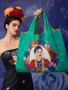 Frida Kahlo X SHEIN 1件可折疊聚酯纖維托特包，附可掛在包上的迷你珠飾小收納袋 - 深湖水藍 - 查看 3