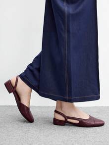 CUCCOO BIZCHIC Sepatu Wanita Warna Burgundy dengan Tali Belakang Rajut Kontras, Sol Tunggal, Hak Persegi, Sol Datar, Gaya Vintage untuk Perjalanan Sehari-hari - Burgundy - View 3