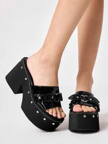 Sugerpunk Women Heeled Sandals~ Personalized Rivets~ Super Thick Bottom Love Slippers Outer Wear 2026 Spring And Summer Punk Gear Light And Slippers - Black - View 4