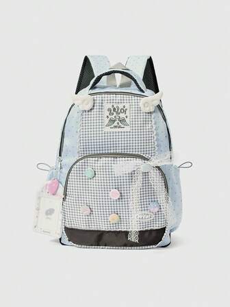 Anime Mochila de gran capacidad con estampado de cuadros y lunares azul-gris, encaje y múltiples bolsillos, con decoración de insignia de cubierta de tarjeta con alas, adecuada para la escuela y uso diario