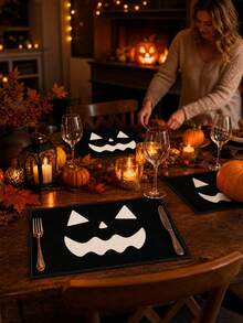 1Pc Halloween Placemats, Scary Grinning Face Jack-O'-Lantern Printed Decorative Table Mats, Non-Slip Linen Dining Pads For Halloween Night Party Table Decor - B - View 4
