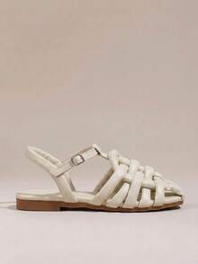 HighSole 女士米色镂空包头编织复古时尚休闲罗马平底凉鞋百搭舒适高端度假季休闲鞋厚底拖鞋 - 米色 - 查看 2