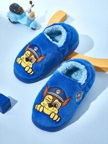SHEIN | PAW Patrol 可爱刺绣追逐卡通追逐蓝色男童儿童防滑室内松紧带拖鞋幼儿和儿童柔软毛绒保暖家居鞋，轻便耐用的 EVA 鞋底，男女通用女孩居家卧室空调房，春秋冬季，狗狗 - 藍色 - 查看 9