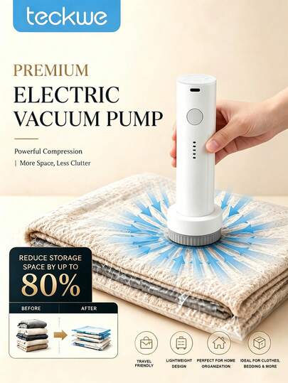 Teckwe 1PC High Suction One Key Quick Vacuum Pump, Suitable For Clothing, Bedding, Down Jackets, Bedroom Wardrobes, Travel And Moving, Organizing In Autumn And Winter, Saving Space. Battery Capacity: 1500mAh (Excluding USB Cable)