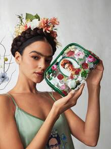 Frida Kahlo X SHEIN 半透明人物與花卉印花化妝包 - 綠色 - 查看 4