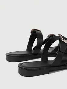 HighSole صنادل نسائية مسطحة بتصميم إبزيم وألوان موحدة، مقدمة مربعة مستديرة، سهلة الارتداء ومريحة، متعددة الاستخدامات للعمل والتنقل اليومي - الأسود - مشاهدة 9