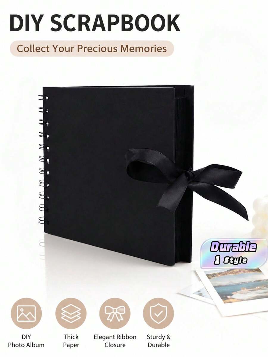 1 قطعة ألبوم صور حلزوني DIY مقاس 6 بوصة، 30 ورقة، مزين بشريط فيونكة، ورق كرافت عتيق، كتاب ذكريات وسكرابوك - الأسود - مشاهدة 1