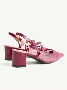 CUCCOO CHICEST 女款波點網布尖頭粗跟後扣優雅黑色百搭露趾高跟鞋 約會穿著 - 紅色 - 查看 5