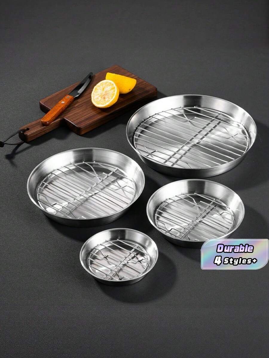 1pc Stainless Steel Round Baking Pan With Oil Drain Rack, Air Fryer Compatible Grease Strainer Tray For Grilling Roasting Food - multicolor - View 1