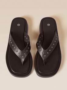 HighSole Rivet Decoration Thick-Soled Pinch Sandals Loose Leisure And Comfort Seaside Vacation Street Shot - Coffee Brown - View 3