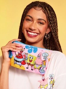 SpongeBob SquarePants | SHEIN 1個卡通圖案印花輕量RPET化妝包，適合收納化妝品、文具、日常用品、數位產品，適合通勤、上學、旅行，適用於男士、女士、學生，派大星、章魚哥 - 粉色藍色 - 查看 1