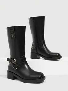 Daringsoles British Punk Belt Buckle Side Zip Mid Boots - Black - View 2