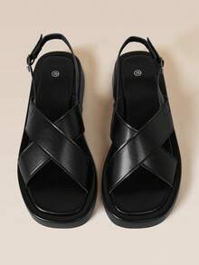 HighSole Minimalist Cross-Band Platform Sandals Open-Toed Flat-Soled Women's Rear Empty Sandals Casual Daily Wear - Black - View 5
