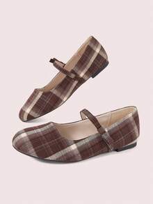 CUCCOO DOLLMOD French Retro Plaid Word With Round Toe Mary Jane Flats, Daily Commuting Versatile Low Vamp Bow Women's Shoes - Brown - View 5