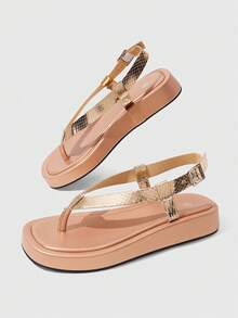 HighSole 春夏新款可調節扣設計夾腳涼鞋，露趾厚底增高，都市極簡風女款，柔軟舒適防滑，適合通勤、購物、海邊度假、音樂祭，百搭夏季穿搭 - 香檳色 - 查看 7