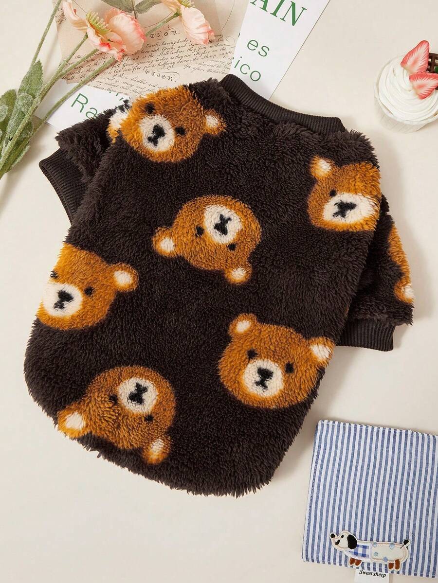 PETSIN 1pc Pet Cat Dog Universal Brown Bear Pattern Printed Cute Double Sided Elastic Plush Comfortable Warm Dog Round Neck Sweatshirt - Multicolor - View 1