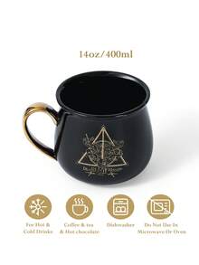 HARRY POTTER X SHEIN 400ml (13.5oz) 復古三角圖騰陶瓷馬克杯，金邊裝飾，大容量大釜造型，適合咖啡與茶，居家與辦公室日常飲用杯 - 黑色 - 查看 3