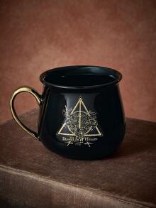 HARRY POTTER X SHEIN 400ml (13.5oz) 復古三角圖騰陶瓷馬克杯，金邊裝飾，大容量大釜造型，適合咖啡與茶，居家與辦公室日常飲用杯 - 黑色 - 查看 2