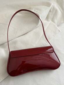 SIENNITY Stylish Mirror‑Finish Baguette Bag, Featuring Metal Hardware Lock Clasp And Flap Opening. A Lightweight Minimalist Shoulder Bag With Small Capacity. - Burgundy - View 3