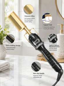 Teckwe US Plug Professional Ceramic Hot Comb Straightener And Curling Iron – Multifunctional Copper Hair Straightening Comb – Hot Comb Straightener – Multifunctional Styling Tool For Daily Home Use – Gold Ceramic Hot Comb For Women's Hair - Multicolor - View 5