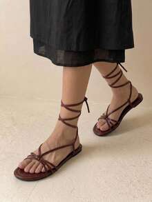 HighSole Ladies Shoes Naked Sandals Elegant Summer Burgundy PU Flat Sandals - Burgundy - View 5