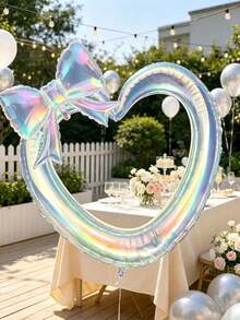 Embroidered, Open-Work Heart-Shaped Bow With Aluminum Foil Balloon. Perfect For Girls' Birthday Parties, First Birthday Decorations, Engagement Proposals, Friend Gatherings, And Backdrop Decorations For Dessert Tables. - 3Pcs Hollow Love Bow - View 12