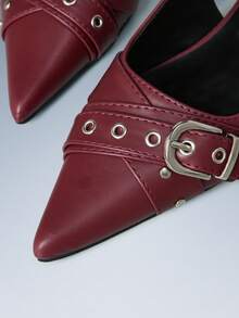 CUCCOO GRLICON Women Shoes Light Luxury Commuter Style Workplace Women Daily Shopping Spring And Summer Soft Leather Metal Rivet Buckle Tip Thin Heel Empty Shoes Kitten Heels Fall Shoes - Burgundy - View 4