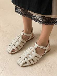 HighSole 女士米色镂空包头编织复古时尚休闲罗马平底凉鞋百搭舒适高端度假季休闲鞋厚底拖鞋 - 米色 - 查看 5