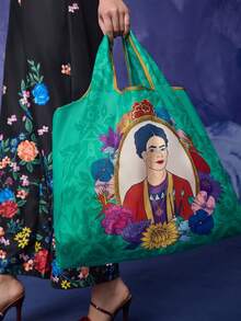 Frida Kahlo X SHEIN 1件可折疊聚酯纖維托特包，附可掛在包上的迷你珠飾小收納袋 - 深湖水藍 - 查看 5