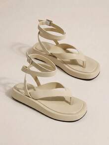 HighSole 女款春夏新款可調節綁帶設計夾腳露趾杏色厚底涼鞋，柔軟舒適，適合通勤與購物 - 杏色 - 查看 1