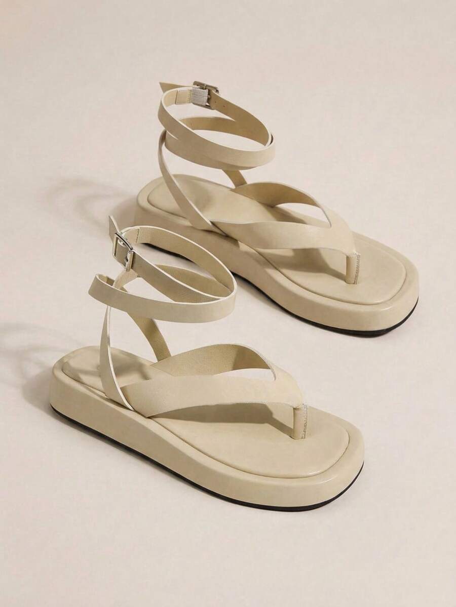 HighSole 女款春夏新款可調節綁帶設計夾腳露趾杏色厚底涼鞋,柔軟舒適,適合通勤與購物 - 杏色 - 查看 1