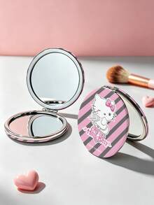 HELLO KITTY AND FRIENDS | SHEIN 1PC Hello Kitty Round Compact Mirror, Pink Grey Striped Angel Kitty Foldable Pocket Makeup Mirror, Double-Sided Mirror With Magnification, Portable Mini Hand Mirror For Purse, Travel Makeup Touch-Ups, Cute Gift For Fans - Multicolor - View 1