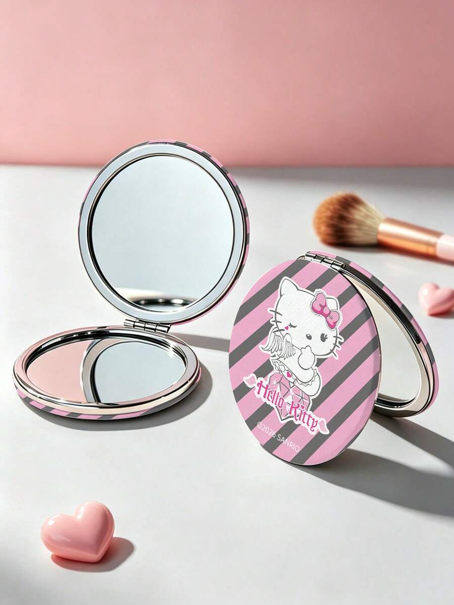HELLO KITTY AND FRIENDS | SHEIN 1PC Hello Kitty Round Compact Mirror, Pink Grey Striped Angel Kitty Foldable Pocket Makeup Mirror, Double-Sided Mirror With Magnification, Portable Mini Hand Mirror For Purse, Travel Makeup Touch-Ups, Cute Gift For Fans - Multicolor - View 1