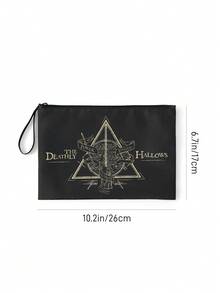HARRY POTTER X SHEIN 復古三角圖騰印花拉鍊收納包，附腕帶，可收納化妝品與數位配件，多用途手提包，適合上學、通勤與旅行 - 黑卡其色 - 查看 6
