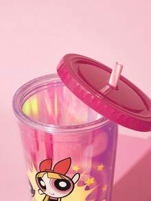 THE POWERPUFF GIRLS X SHEIN 24 Oz / 700 Ml 雷射冷感平底杯，附心形閃亮裝飾 - 紅色 - 查看 3