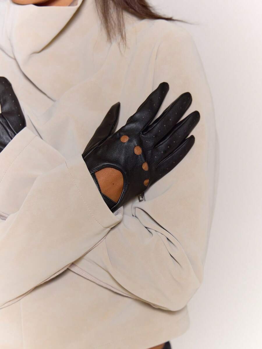 MUSERA Black Breathable Punched Full-Finger Gloves, Snap-Button Wristbands, Hollowed-Out Driving Riding Gloves, Unisex - Black - View 1