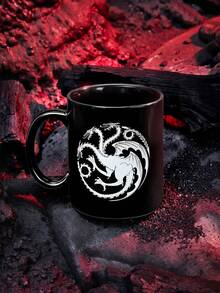 Game of Thrones X SHEIN 復古銀色圖案三頭龍黑色陶瓷杯 400ml 13.5 Fl Oz，個性化奇幻風馬克杯，成人書房辦公室禮品飲用器皿 - 黑色 - 查看 2