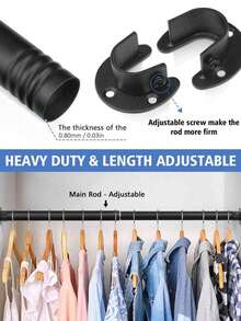 Round Tube Clothes Hanging Rod, Closet Fixed Flange Base, Wardrobe Bracket, Stainless Steel Curtain Rod, Towel Rack Accessories - Black - View 2