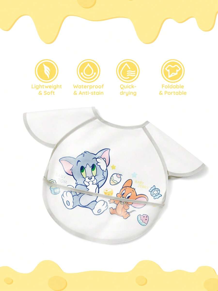 TOM & JERRY X SHEIN 0-2 Jahre alte Baby wasserdichte und ölbeständige Lätzchen, TPU-Material mit niedlichem Katzen- und Mäuse-Cartoon-Muster, weiß, geeignet für Jungen und Mädchen, ideal zum Füttern, super weich, leicht und faltbar, tragbar - Weiss - Übersicht 1