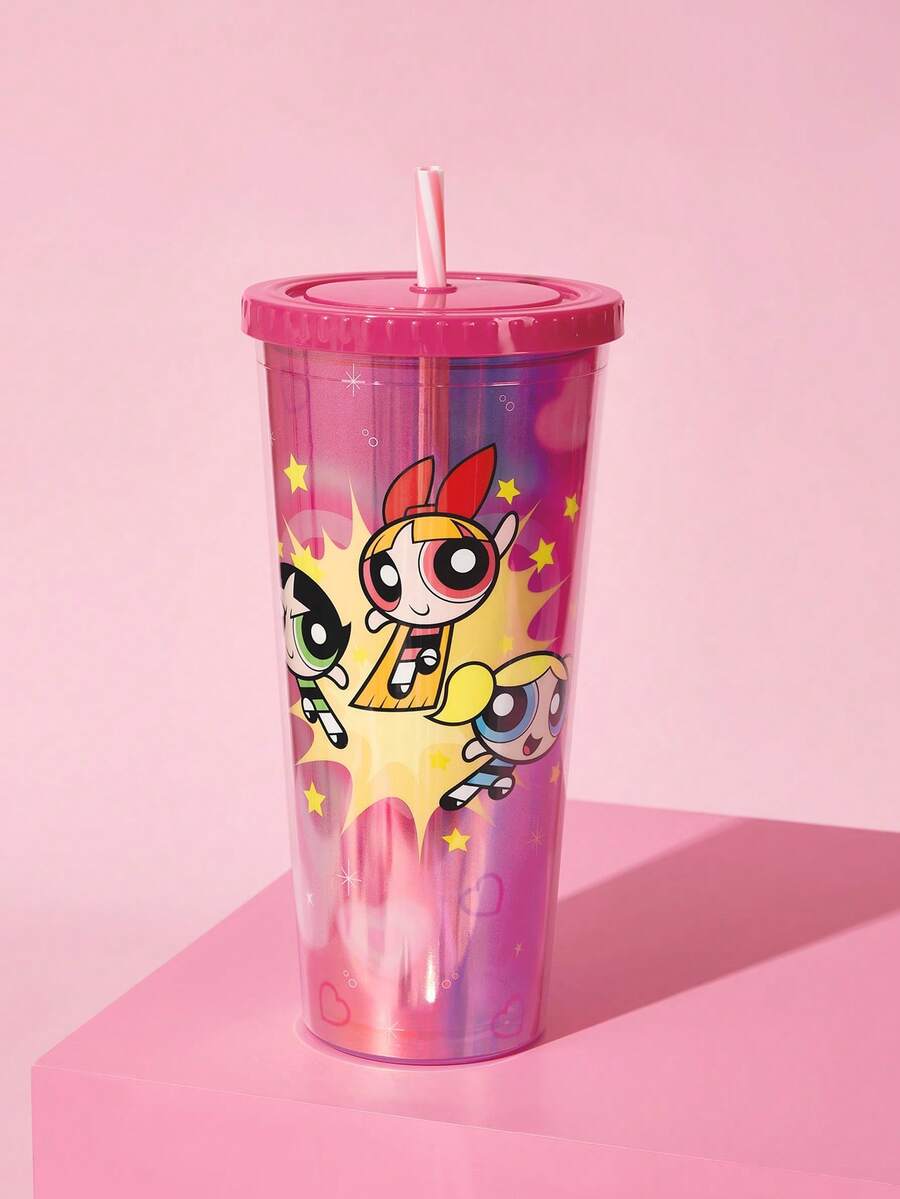 THE POWERPUFF GIRLS X SHEIN 24 Oz / 700 Ml 雷射冷感平底杯,附心形閃亮裝飾 - 紅色 - 查看 1
