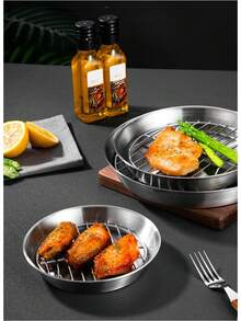 1pc Stainless Steel Round Baking Pan With Oil Drain Rack, Air Fryer Compatible Grease Strainer Tray For Grilling Roasting Food - multicolor - View 6