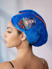 Frida Kahlo X SHEIN 刺繡髮巾頭巾，禮品，適用於居家浴室裝飾夏季使用，髮帽乾髮毛巾包裹巾 - 藍色 - 查看 1