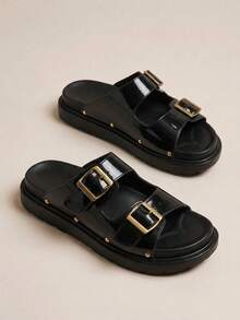 HighSole Women Casual Simple Comfortable Open Toe Flat Slippers - Black - View 5