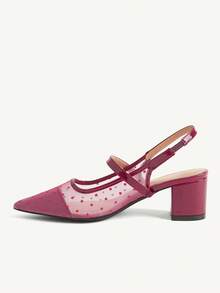 CUCCOO CHICEST 女款波點網布尖頭粗跟後扣優雅黑色百搭露趾高跟鞋 約會穿著 - 紅色 - 查看 6
