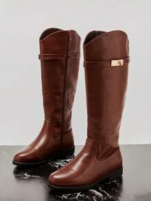 SHUZIA New Ladies' Riding Boot Sleek Chocolate Brown Color Knee-High Smooth Faux Leather Gold Tone Hardware Chic Rodeo Holiday Fun Comfort Shoe - Chocolate Brown - View 6
