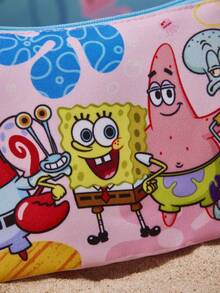 SpongeBob SquarePants | SHEIN 1個卡通圖案印花輕量RPET化妝包，適合收納化妝品、文具、日常用品、數位產品，適合通勤、上學、旅行，適用於男士、女士、學生，派大星、章魚哥 - 粉色藍色 - 查看 4