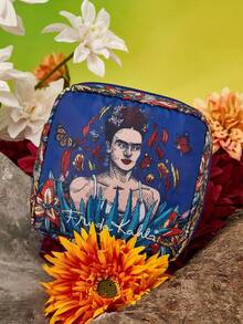 Frida Kahlo X SHEIN 1件裝藝術花卉與人物圖案收納袋，可用作女性衛生用品收納袋、數位用品收納袋 - 湖水藍-寶藍 - 查看 2