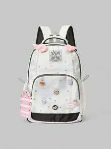 ROMWE Anime College Style Multi-Color Polka Dot Printed Lace Multi-Pocket Large-Capacity White Backpack With Wing Card Cover Badge Decoration, Suitable For School - multicolor polka dot - View 1